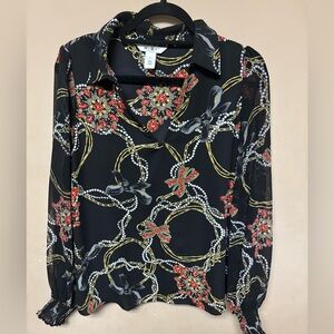 White House Black Market Black Sheer Blouse with Red Floral & Gold Chain Print